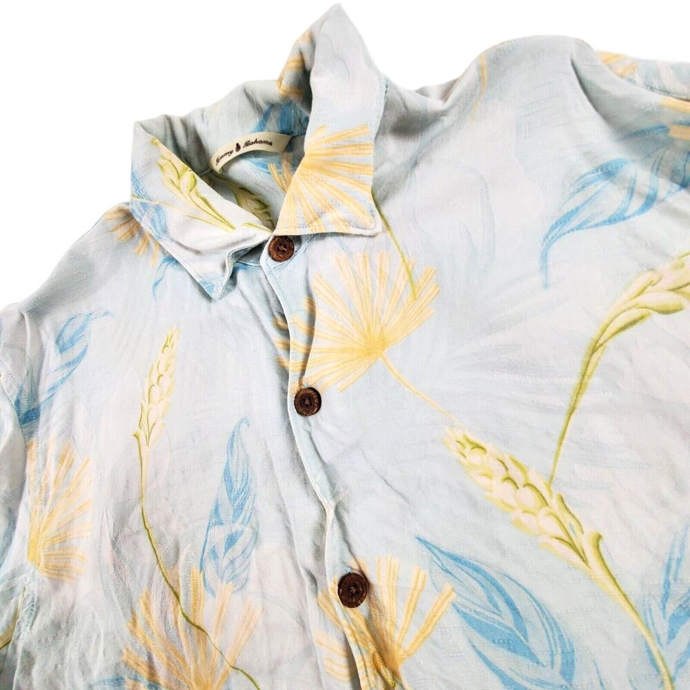 Tommy Bahama Silk Hawaiian Rayon Floral Grass Blue Short Sleeve Shirt Large